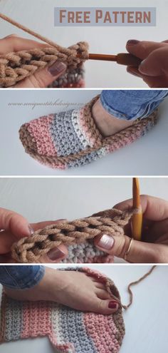 crocheted slippers are being made with yarn