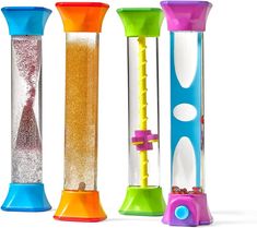 three different types of sand and water toys on a white background with the same color