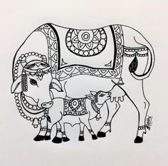 a black and white drawing of two cows