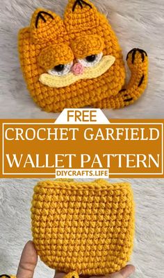 crochet garfield the cat wallet pattern with text overlay that reads, free crochet garfield the cat wallet pattern