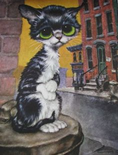 a painting of a black and white cat sitting on top of a brick wall with green eyes