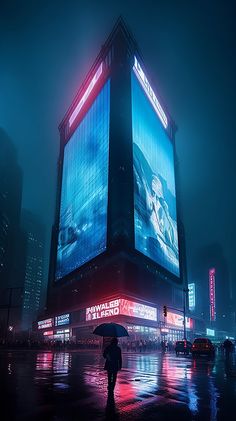 a person holding an umbrella standing in the rain near a tall building with advertisements on it