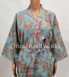 "Waffle linen robe for women. Hooded bath robe made from linen-cotton blend that comes in a puffy waffle weave. This robe makes a fabulous bridesmaid gift...order one for everyone in you bridal party to wear as you are getting ready for your big day! Item details-Handmade Material- Cotton Product: 1 Pcs Floral Printed Cotton Kimono Size - One size will fit sizes S to XL Measurements Approx : *Length: 50\" Inches *Bust Around Size: 48\" Inches *Shoulder: 8\" Inches *Sleeve Length: 14\" Inches *Sl Long Sleeve Cotton Spa Robe, Pink Floral Print Robe For Home, Red Bath Robe, Multicolor Cotton Robe With Floral Print, Floral Print V-neck Robe For Summer, Linen Robe, Cotton Kimono, Waffle Weave, Best Christmas Gifts