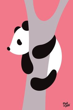 a black and white panda bear leaning up against a pink wall with its head on the tree