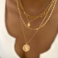 🌞 Layered Boho Necklace with Medallion - a boho dream come true! This gold coin pendant necklace adds vintage flair to any outfit, perfect for free-spirited, chic vibes. 🤍 Done 4 You: Stack of 4 necklaces already styled for you 🤍 Minimal Vibes: Simple stunning adding glow to all of your outfits 🤍 Vintage Charm: Hop on the vintage trend and make all heads turn  Enhance your outfit today & Glam up with this boho necklace!  #MedallionNecklace #BohoNecklace Size: 15"+16"+17"+18" necklaces 💸 Ref Layered Gold Chains Aesthetic, Bohemian Round Layered Necklace With Clavicle Chain, Bohemian Round Clavicle Chain Layered Necklace, Bohemian Round Layered Clavicle Chain Necklace, Gold Dainty Coin Necklace For Layering, Dainty Gold Coin Necklace For Layering, Gold Bohemian Charm Necklaces For Everyday, Bohemian Charm Necklaces With Clavicle Chain, Bohemian Style Charm Necklaces With Adjustable Chain For Layering