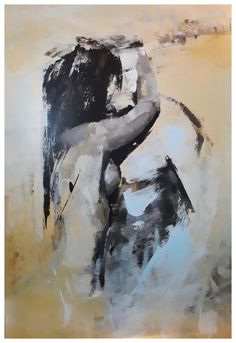 an abstract painting of a woman hugging her horse