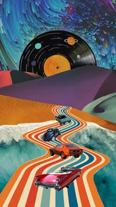 two cars driving down a colorful road in front of an abstract background with circles and stars