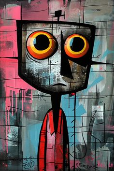 an abstract painting of a robot with orange eyes and red tie on it's head