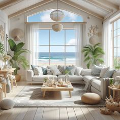 a living room filled with lots of furniture next to an ocean front window and palm trees