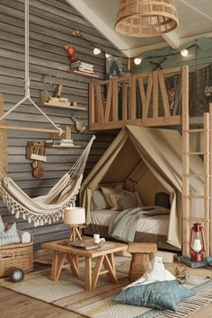 a room with a bed, hammock and other items