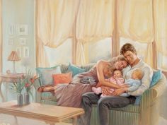 a painting of a family sitting on a couch