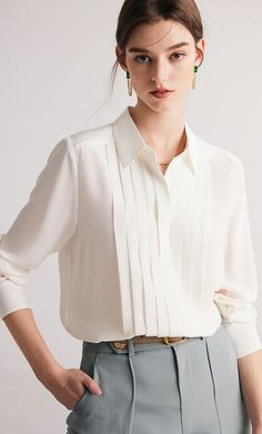 Woman White Shirts 100% Mulberry Silk Turn Down Collar Solid Chic Blouses 2023 Fall Winter Office Lady Top, Wome's style, good quality Blouses 2023, Winter Office, Summer Office, Chic Blouses, Womens Long Sleeve Shirts, Cashmere Wool, White Shirts, Office Lady, Silk Shirt