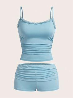 Women's Solid Color Contrast Lace Pleated Camisole Top And Shorts Sexy Two-Piece Set, Summer Blue Casual    Colorblock,Plain,Striped  High Stretch  Women Clothing, size features are:Bust: ,Length: ,Sleeve Length: Top And Shorts Set Two Pieces, Cute Simple Tops, Blue Pjs, Short Azul, Delicate Clothes, 2 Piece Sets, Cute Bras, Cute Rompers, Cute Sets