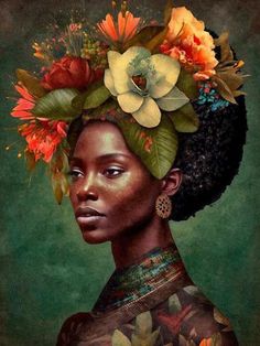 a painting of a woman with flowers on her head and an afro hairstylen