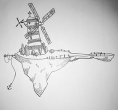 a drawing of a windmill on top of an island