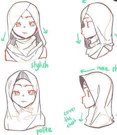 four different ways to wear a hijab for the head and shoulders, with instructions on