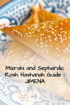 two pastries on a blue and white plate with the words mikrah and sephardic rosh hashanah guide