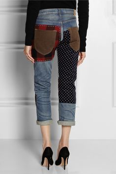 Junya Watanabe | Patchwork cropped straight-leg jeans | NET-A-PORTER.COM Upcycle Pants, Jeans Fitting, Jean Patchwork, Alexander Mcqueen Bag, Blue Period, Denim Inspiration, Boyfriend Fit Jeans, Repurposed Clothing