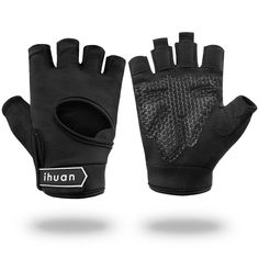 a pair of black gloves with white writing on it