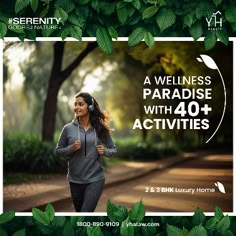 a woman jogging in the park with headphones on her ears and text that reads a well - being paradisse with 40 activities