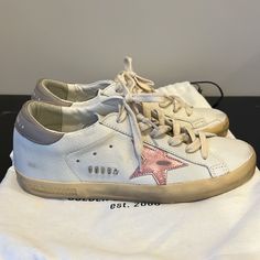 Golden Goose Super Star Sneakers Brand New Never Worn Box And Dust Bag Included Size 38 (Women’s 7/7.5) Pink Star Accent Golden Goose Pink Star, Custom Sneakers With Perforations And Round Toe, Pink Golden Goose, Shoes Golden Goose, Goose Sneakers, Goose Shoes, Pink Star, Golden Goose Sneakers, Shoe Inspo