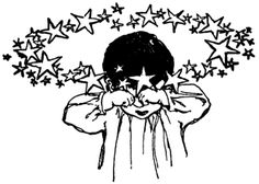 a black and white drawing of a person covering their eyes with stars around them,