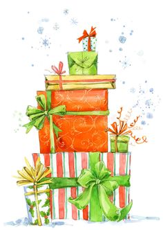 christmas presents stacked on top of each other with ribbons and bows, watercolor illustration