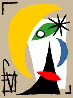 a painting with an abstract face and the moon in the sky above it is black, yellow, green, red, blue, and white