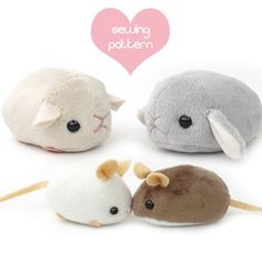 three stuffed mice are shown in four different colors and sizes, one is gray, the other is white