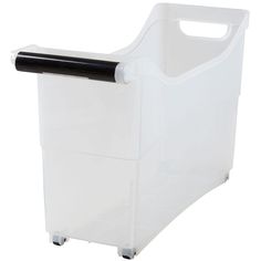 a white plastic storage container with black lid and wheels on the bottom is shown against a white background