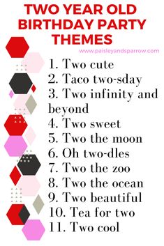 two year old birthday party theme with the words, two year old birthday themes and numbers