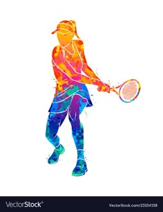 a tennis player with racket in color splats on a white background illustration