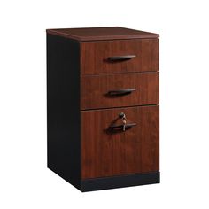 a wooden file cabinet with two drawers on each side and one door open to reveal the bottom drawer