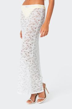 Maxi skirt Sheer lace fabric Polyester, Spandex Model wears size S Model height is 5'6 Item care: Wash with similar color Lace White Skirt, Lace Maxi Skirt, Visionary Fashion, Maxi Lace Skirt, Swimwear Dress, Festival Looks, Lace Maxi, Skirts Online, Sheer Lace