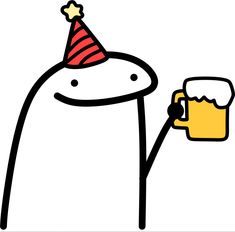 a cartoon character holding a beer mug with a party hat on it's head