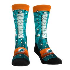 Step into your next favorite pair of socks and represent the Miami Dolphins everywhere you go. This Rock Em Socks Three-Pack Bobblehead Crew Socks Set is built with each pair having a padded sole and toe box. Not only are these crew socks comfortable, but they also have durable sublimated graphics featuring Tua Tagovailoa. With comfort, style and durability, there's almost no reason that every Miami Dolphins fan shouldn't have at least one pair of these crew socks. Jaylen Waddle, Tua Tagovailoa, Nfl Miami Dolphins, Nfl Gear, Uniform Design, Shield Design, Miami Dolphins, Bobble Head, Comfort Style