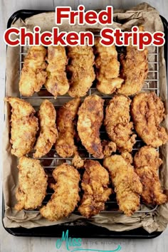 fried chicken strips on a grill with text overlay that reads fried chicken strips misshapen