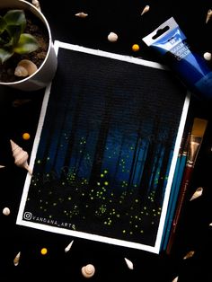 an image of fireflies in the woods with plants and rocks around it on a black background