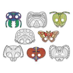 six masks with different designs on them, each in different colors and shapes to make it look