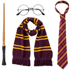 a tie, glasses, and scarf are arranged in the shape of a harry potter costume