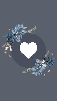 a heart surrounded by blue flowers and leaves on a gray background with stars around it