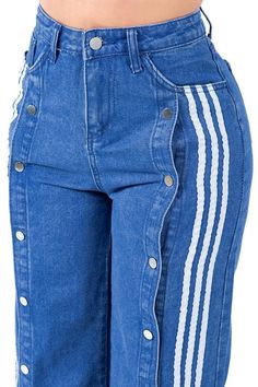 Details-a high waist and full-length wide legs,wide-leg jeans, Five-pocket, stretch fabric, Snap button full leg design SIZE CHATS: Waist 26.8, Hip 35.4, Length 40.6M: Waist 28.7, Hip 37.4, Length 40.9L: Waist 30.7, Hip 39.4, Length 41.3XL: Waist 32.7, Hip 41.4, Length 41.72XL: Waist 34.7, Hip 43.4, Length 44.3Model size small 5'8" 36-26-38 Made In: CHINAFabric Contents: POLYESTER COTTON SPANDEX Full-length Denim Blue Pants With Side Pockets, Full-length Denim Pants With Multiple Pockets, Denim Blue Full-length Bottoms For Streetwear, Denim Blue Wide-leg Pants With Elastic Waistband, Full-length Denim Pants With Button Closure, Women Fashion Casual, Biker Shirts, Leather Denim, Plus Size Swimsuits