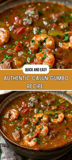 two pictures showing different types of soup in a bowl with the words quick and easy authentic cajun gumbo recipe