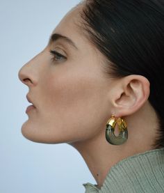 Go au naturel in our signature best-seller style! You'll love this easy-to-wear, eternally chic pair of gold-plated hoop earrings with forest green-colored resin. Hoop Charms, Lizzie Fortunato, Handle With Care, Sun With Sunglasses, Jewelry Lookbook, Monogram Gifts, Fine Earrings, Chain Pendants, Bridal Earrings