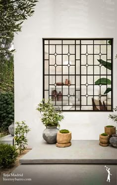 an outdoor area with potted plants and a window