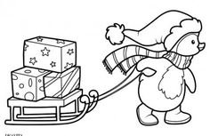 a cartoon penguin pulling presents on a sleigh coloring page for kids and adults