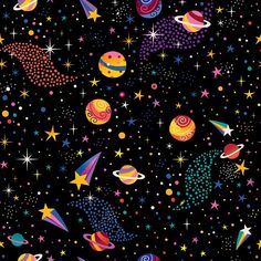 a black background with colorful stars and planets