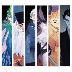 five anime characters are lined up in the same row