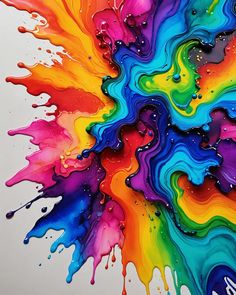 an abstract painting with multicolored paint splattered on the paper and water droplets