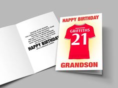 an open birthday card with the number 21 on it and a football jersey in red